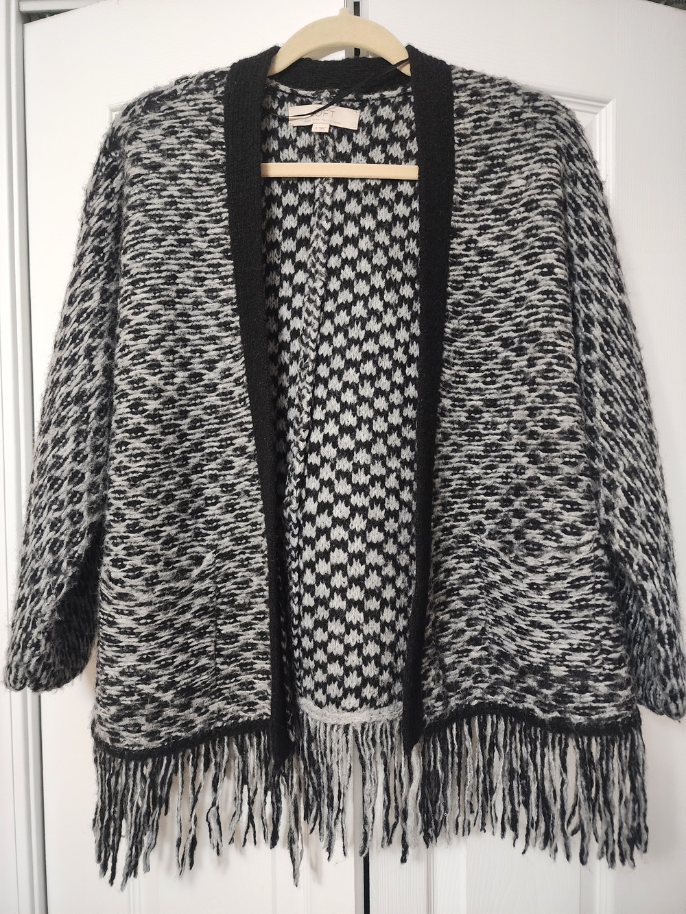 LOFT Cozy Black & Gray Fringe Open-Front Women's Sweater Cardigan